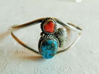 Vintage Navajo Sterling Silver Turquoise & Coral Cuff Bracelet 11.  3g