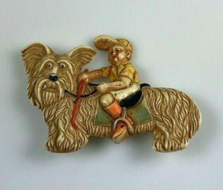 Vintage Early Plastic Boy Riding A Dog Pin Brooch With C Clasp