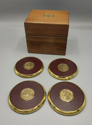 Vintage Brass & Leather Drink Coasters Set Of 4 W/wooden Box " Spg "