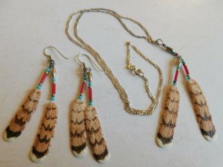Vintage Navajo Red Tailed Hawk Buffalo Bone Earrings & Necklace Sterling Silver