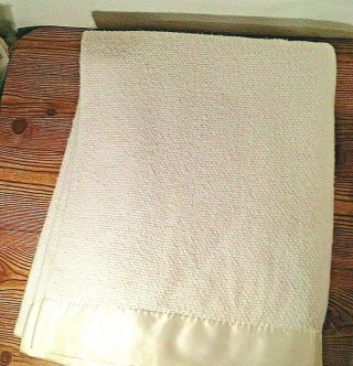 Vintage Ralph Lauren Ivory Thermal Waffle Blanket Satin Trim 66x90 Made In Usa