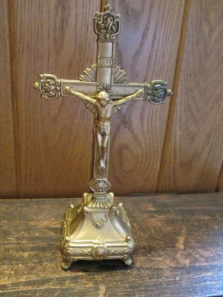 Vintage 9 " Brass Crucifix Altar Cross Ornate Pedestal Stand