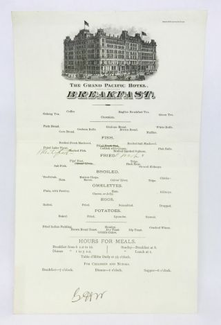 Menu Chicago The Grand Pacific Hotel Breakfast / 1870