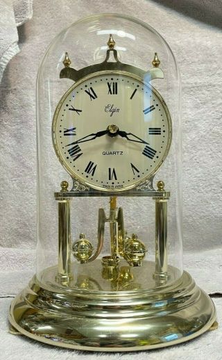 Vintage Elgin Anniversary Quartz Clock Glass Dome Roman Numerals Made In Japan