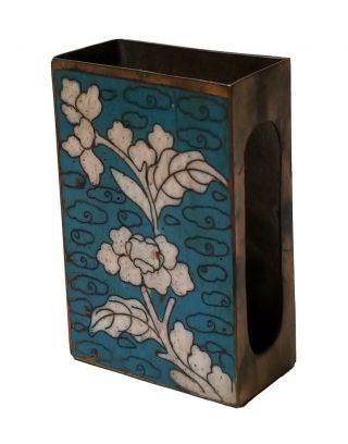 Vintage Brass Cloisonne Blue Black White Flower Enamel Match Box Matchbox Holder