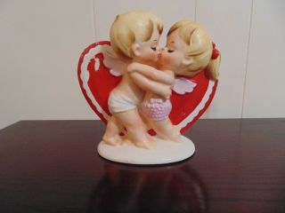 Vintage Lefton Heart & Kissing Cupid Sweetheart Valentine Vase Planter