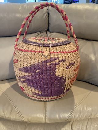 Large Vintage Woven Wicker Round Lidded Easter Sewing Basket