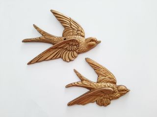 Vintage Antiqued Solid Brass Gold Pair Flying Birds Swallow Wall Hanging Decor