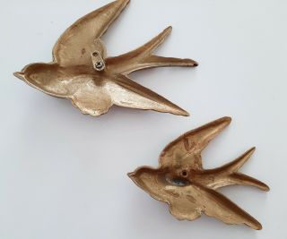 Vintage Antiqued Solid Brass Gold Pair Flying Birds Swallow Wall Hanging Decor 2