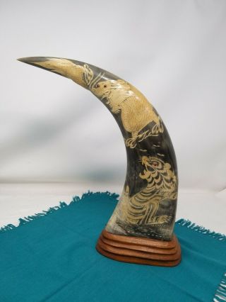 Large Vintage Chinese Oriental Carved Water Buffalo Horn Dragon And Tiger 14 "