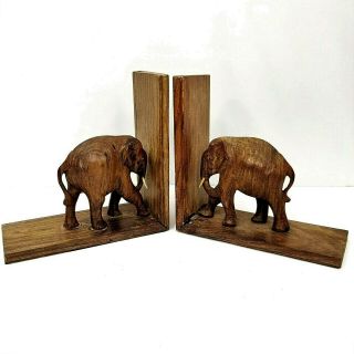 Wooden Carved Elephant Bookends 2 Brown Vintage 7″ Figurines Wood Grain