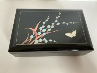 Vintage Japanese Black Lacquer Musical Jewelry Box W/mirror Iridescent Butterfly
