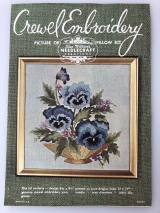 Vtg Elsa Williams Pansies Bowl Crewel Embroidery Linen Picture Pillow Kit Kc264