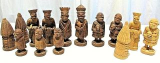 Vtg Antique African Tribal Figurines Hand Carved Wood Statue Chess Village Mask