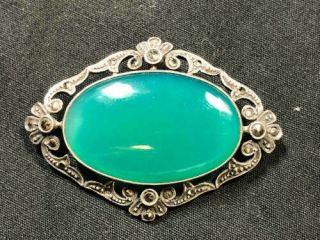 Vintage 925 Sterling Silver Brooch With Large Green Chrysoprase Stone Germany