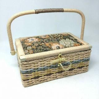 Vintage 70s Tan Wicker Sewing Basket Storage Box With Handle Floral Tapestry