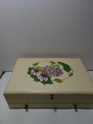 Vintage Eureka Mfg Co Wood Jewelry Box Featuring Lavendar Flowers