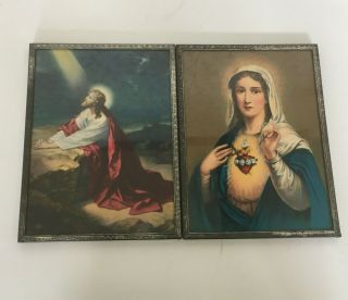 Vintage Jesus Praying In The Garden And Mary Sacred Heart Frame Pictures Set