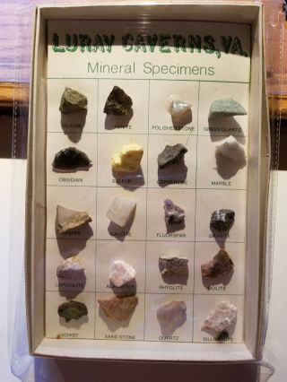 Vintage 20 Mineral Specimens Of Luray Caverns Va Olivine Pyrite Sulfur Obsidian,