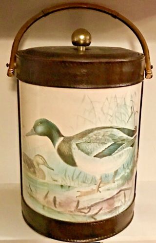 Vintage Leather Duck Mallard Ice Bucket Barware Sigma Usa Brass Handle Audubon
