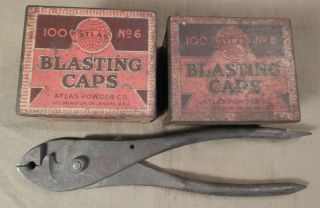Vintage Atlas Powder Co.  Blasting Caps,  Tin Box (2) Empty,  & Atlas No.  2 Pliers