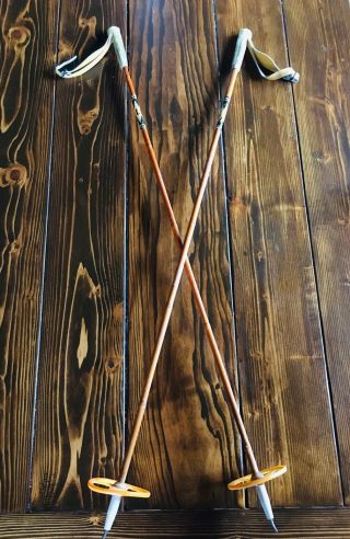 Vintage Liljedahl Bamboo Ski Poles Leather Wraps Norway 47” 119 Cm Vm Staven