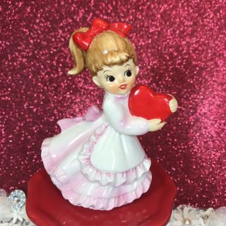 Vtg Lefton Valentine Girl In Pink Dress Holding A Big Red Heart Figurine Japan