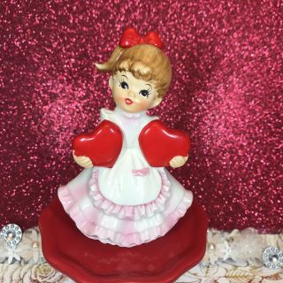 Vtg Lefton Valentine Girl In Pink Dress Holding Two Red Hearts Figurine Japan