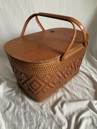 Large Vintage Wicker Picnic Basket Woven Redmon Orange Metal Handle Usa