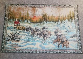 Vintage Alaska Dog Sled Eskimo Velvety Tapestry Wall Hanging Rug Husky 4 