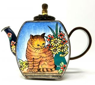 Vintage Kelvin Chen Mini Teapot Enameled Copper Hand Painted Kitty Cat 1999