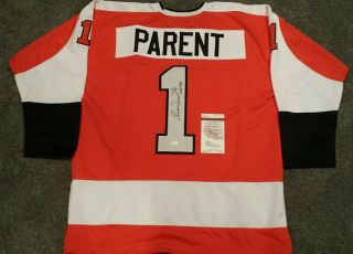 Bernie Parent Autographed Philadelphia Flyers Jersey Jsa.  Insc " Hof 84 "