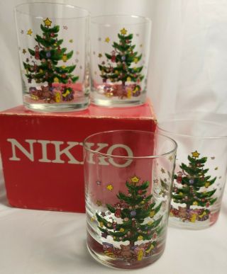 Nikko Vintage Christmas Tree Glassware 14oz Double Old - Fashioned Set 4 Glasses