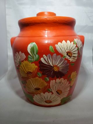 Vintage Orange Ransburg Pottery Cookie Jar Hand Painted Flowers