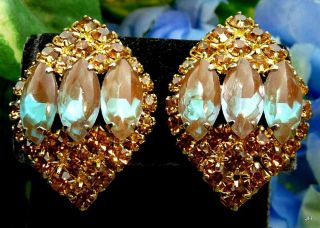 High End Vtg Designer Quality Saphiret Glass Navette Amber Rhinestone Earrings