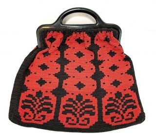 Vintage Hand Made Crochet Sewing Knitting Bag Handbag Bakelite Handles Art Deco
