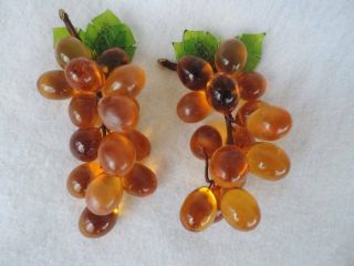 2 Vintage Murano Glass Grape Clusters Oggetti 6 1/2 " Amber Colored