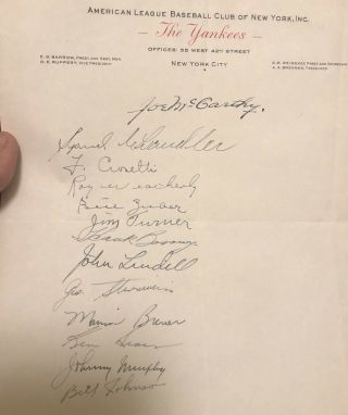 Authentic Baseball Rare 1943 York Yankees Team Signed Letterhead (autograph)