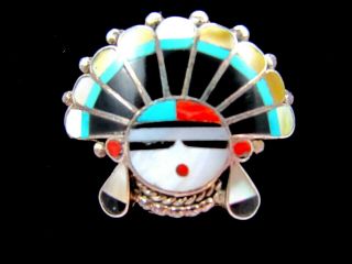 Vintage Native American Zuni Sun Face Brooch Pin Pendant Turquoise Coral Onyx