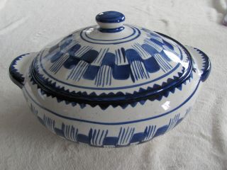Vintage Oaxaca Mexico Pottery Cobalt Blue & White - Covered Vegetable Bowl