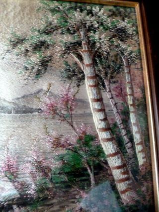 Vintage Asian Japanese Silk Embroidery Framed Art Mountain Lake