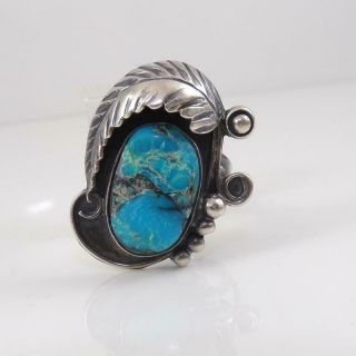 Vtg Native American Sterling Silver Blue Turquoise Feather Ring Size 8.  5 Lfl3