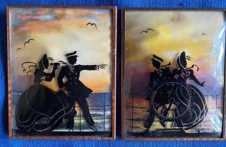 Vintage Pair Reverse Painting Glass Silhouette Pictures 1930s Sea Captain &girl