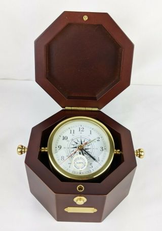 Vintage Bey - Berk Solid Brass Gimbal Clock In Wooden Box Desktop Nautical