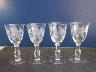 Set Of 4 Vtg Heisey Glass Rose Pattern Small Wine Goblets