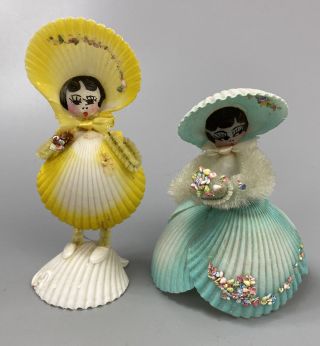 Set Of 2 Vintage Hand Crafted Sea Shell Dolls Funky Kitsch Mid - Century Modern