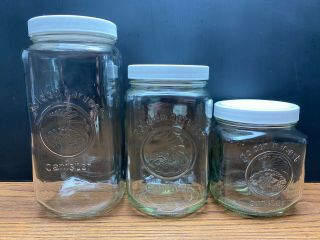 3 Pc Vintage Golden Harvest Clear Glass Kitchen Canisters Jars W Lids 9 ",  7 ",  5 "