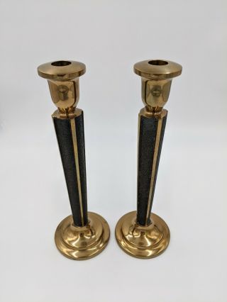 Vintage Regency Black And Brass Candlestick Holders,  Pair