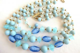 Vintage Japan Signed Art Glass Beaded 3 Strand Necklace Blue Swirls Clear Glass
