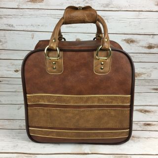 Vintage Brunswick Bowling Bag W/ Ball Rack Brown Leather Tan Horizontal Stripes